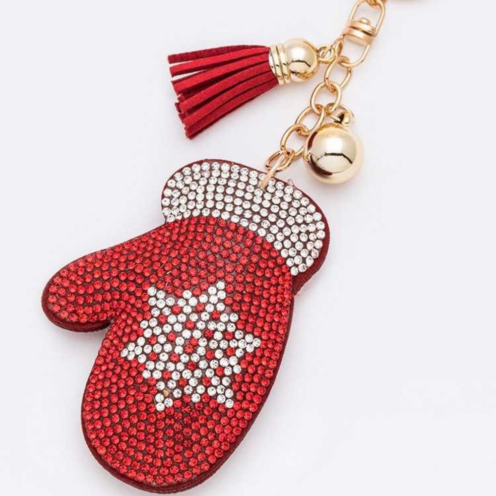 Rhinestone Holiday Mitten Pillow Key Chain - Red
